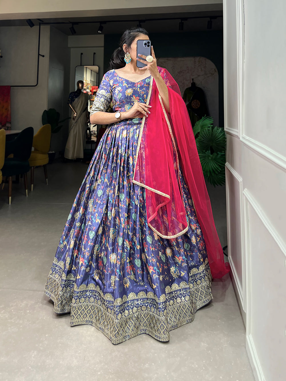 Lavender Chinon Lehenga Set with Embroidery Net Dupatta