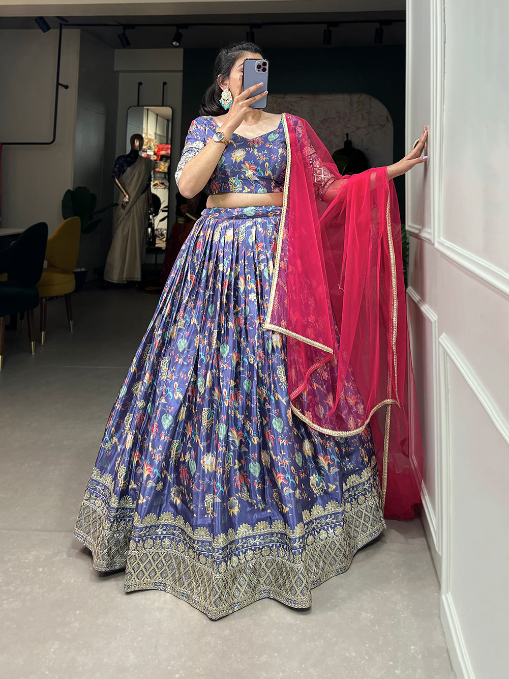 Lavender Chinon Lehenga Set with Embroidery Net Dupatta