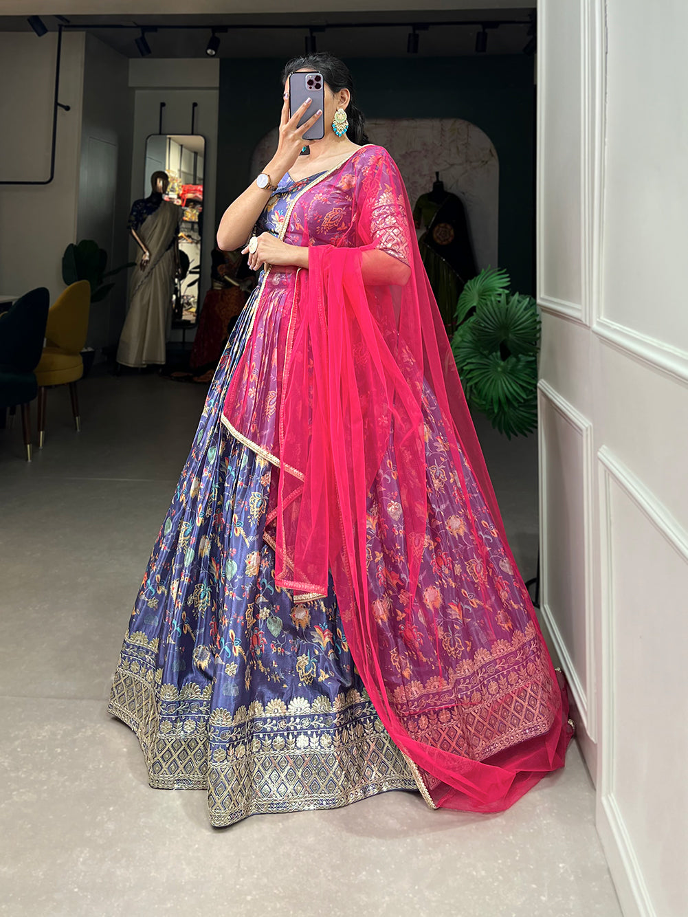 Lavender Chinon Lehenga Set with Embroidery Net Dupatta