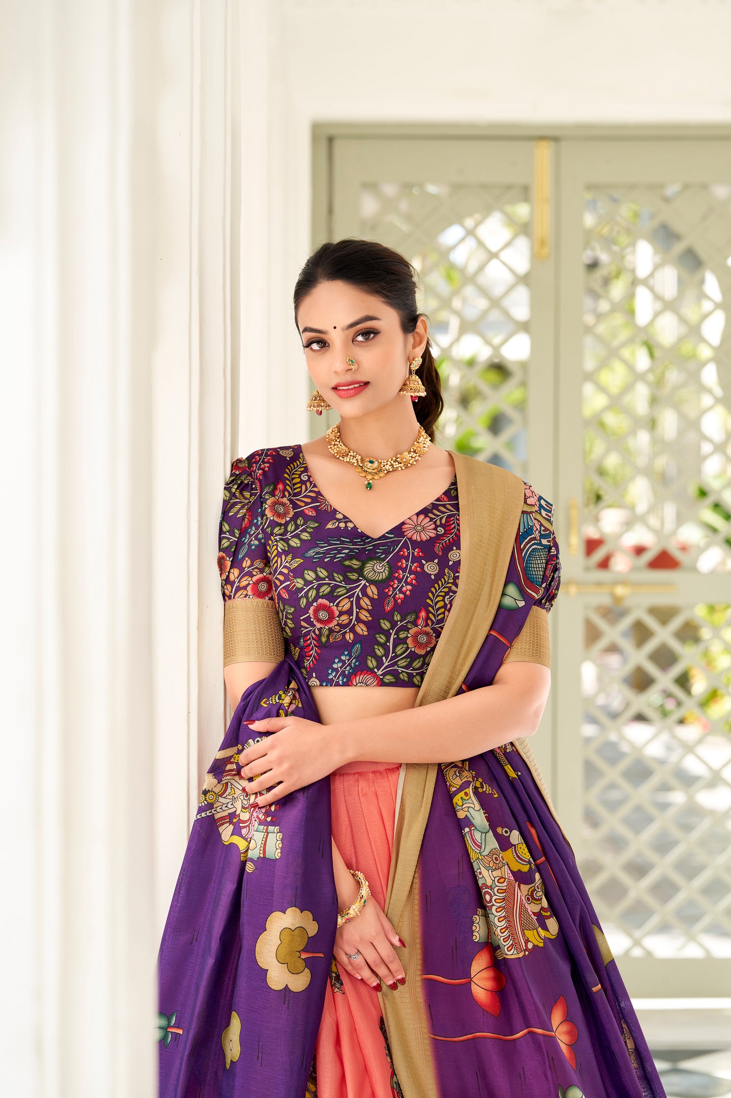 Peach Color Dola Silk Kalamkari Lehenga Set with Dupatta & Blouse