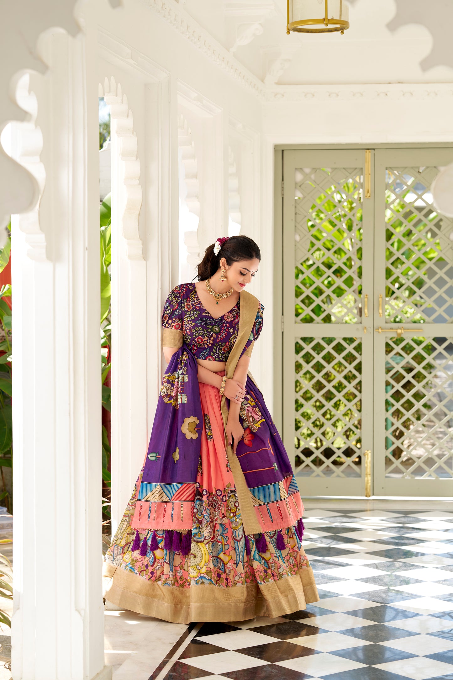 Peach Color Dola Silk Kalamkari Lehenga Set with Dupatta & Blouse
