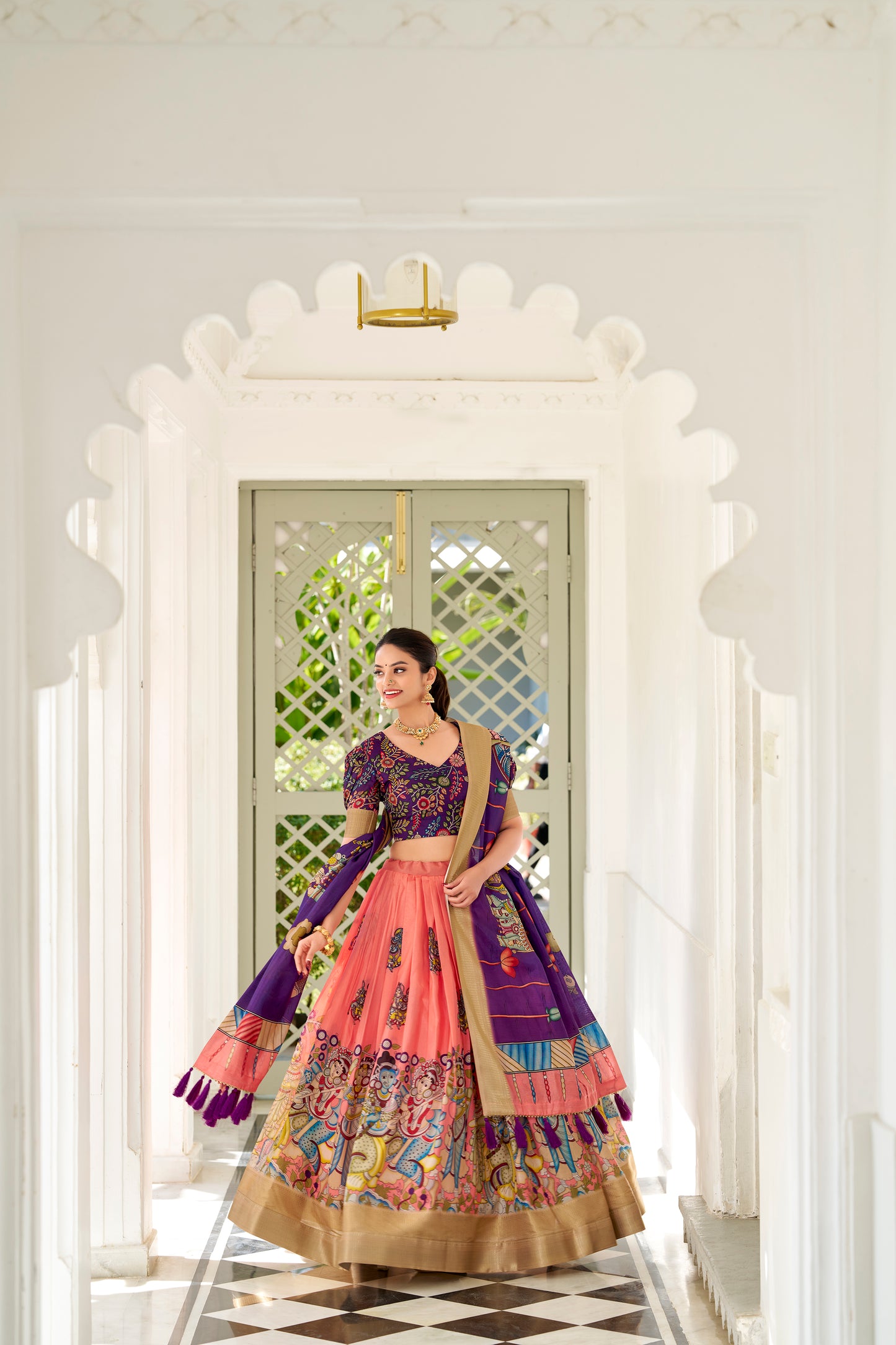 Peach Color Dola Silk Kalamkari Lehenga Set with Dupatta & Blouse