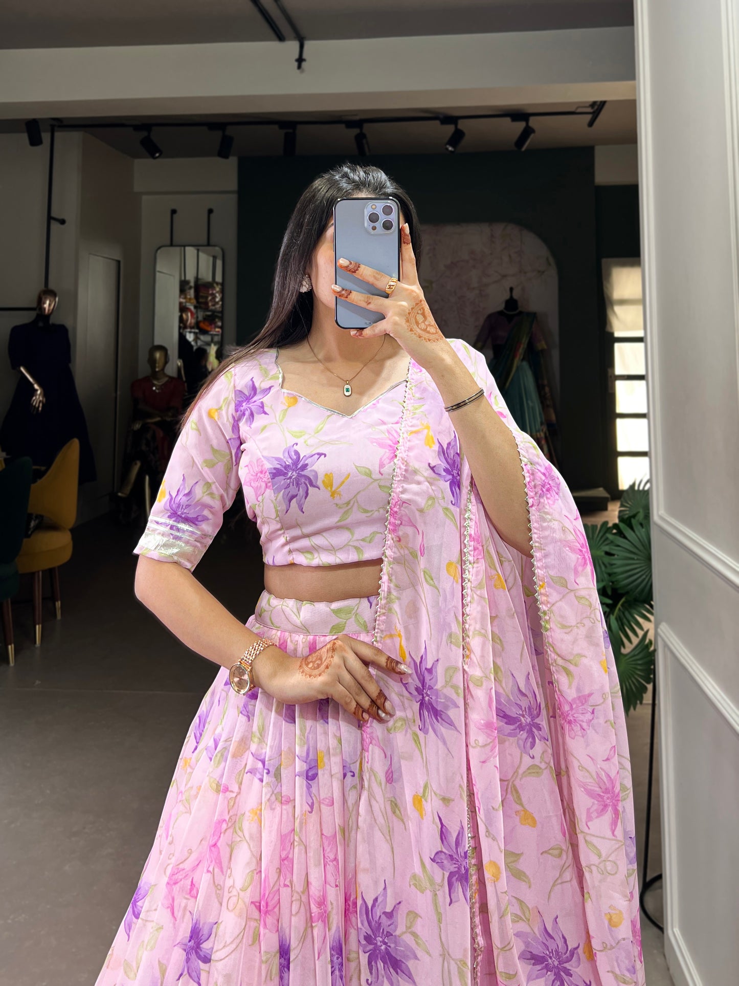 New Tabby Silk Floral Print Lehenga Choli (Pink)
