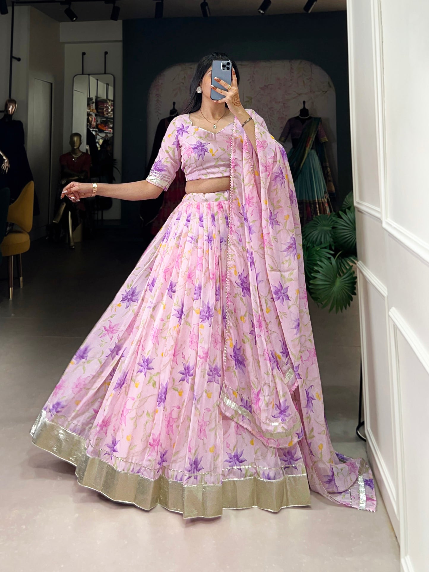 New Tabby Silk Floral Print Lehenga Choli (Pink)
