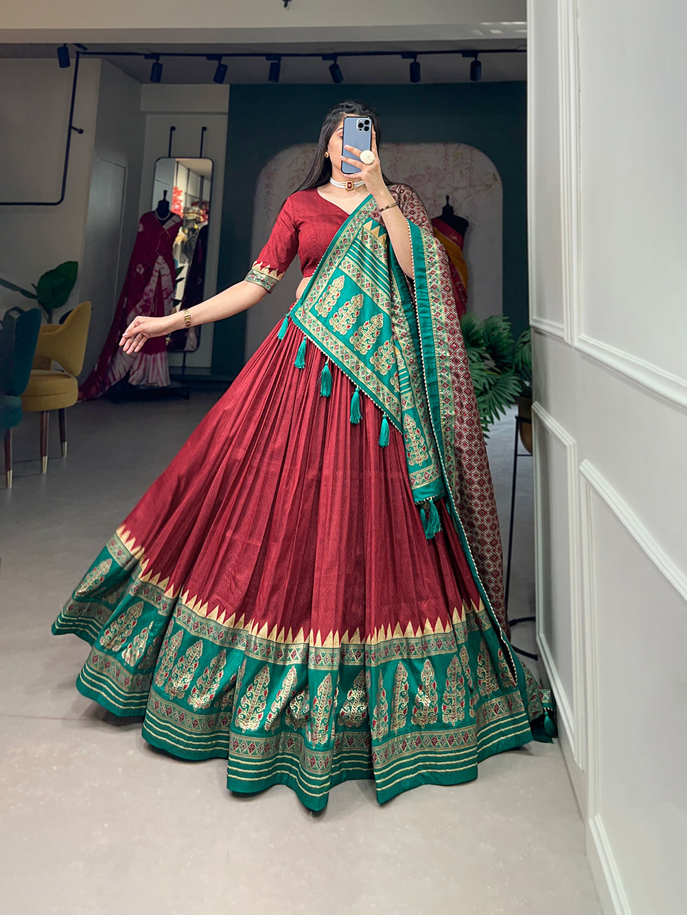 Traditional Maroon Color Tasar Silk Lehenga Choli