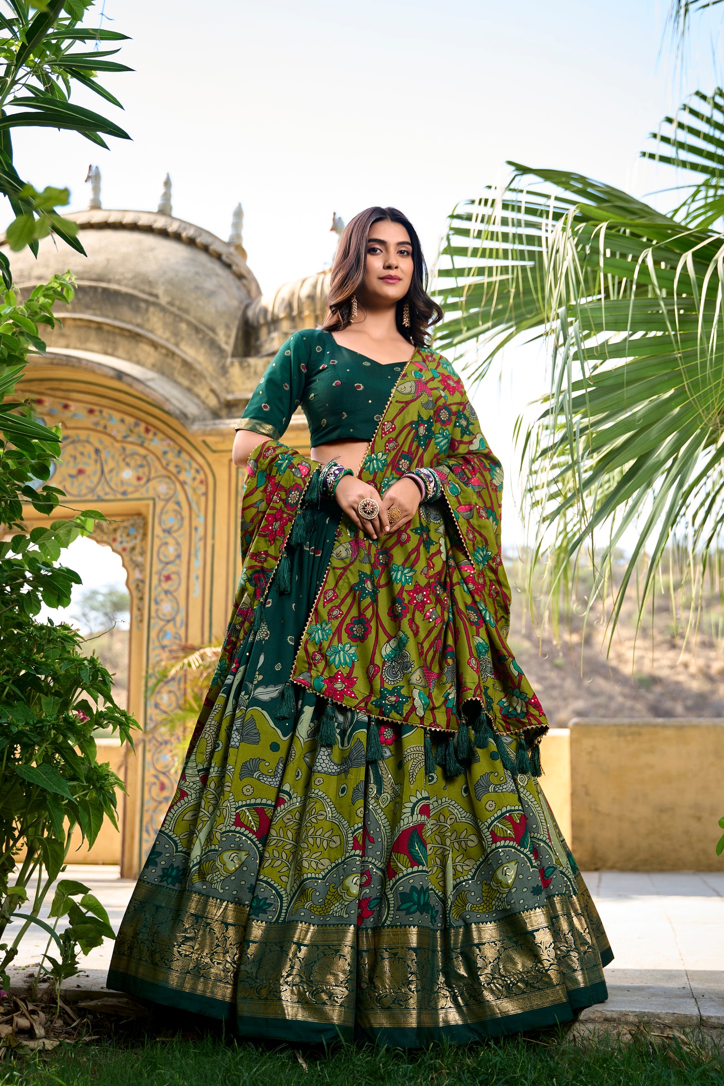 Traditional Kalamkari Print Green Color Lehenga Choli