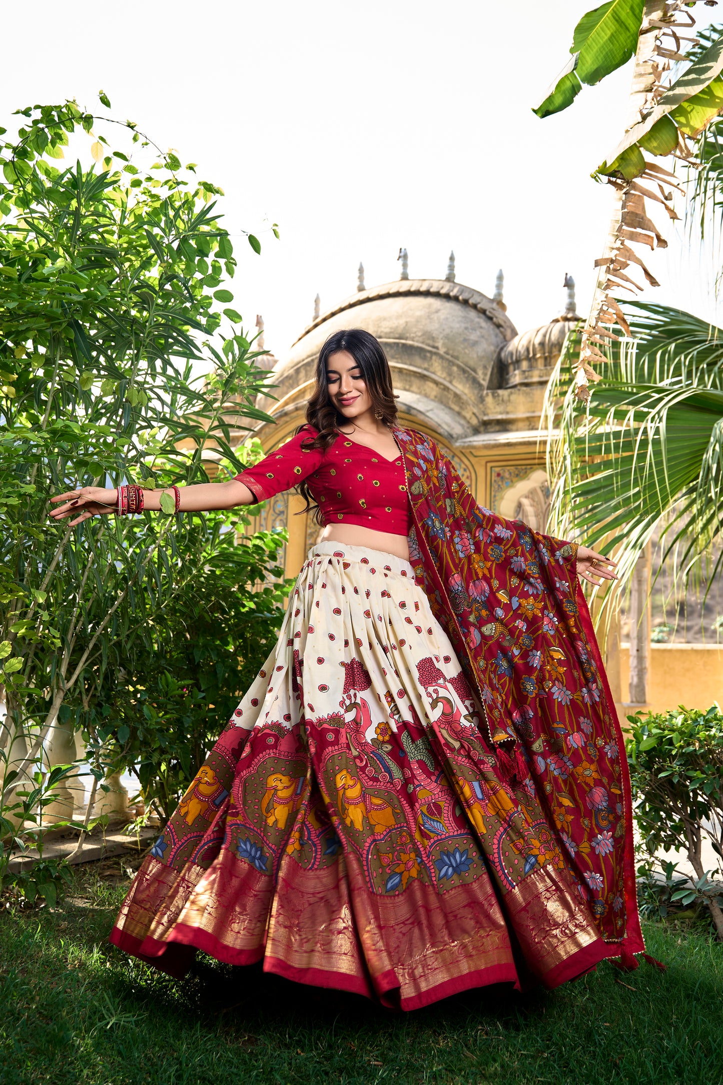 Traditional Kalamkari Print White Color Lehenga Choli