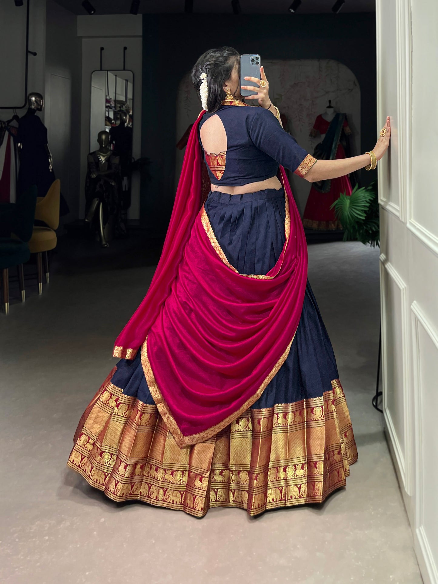 Navy Blue Color Zari Weaving Work Traditional Lehenga Choli