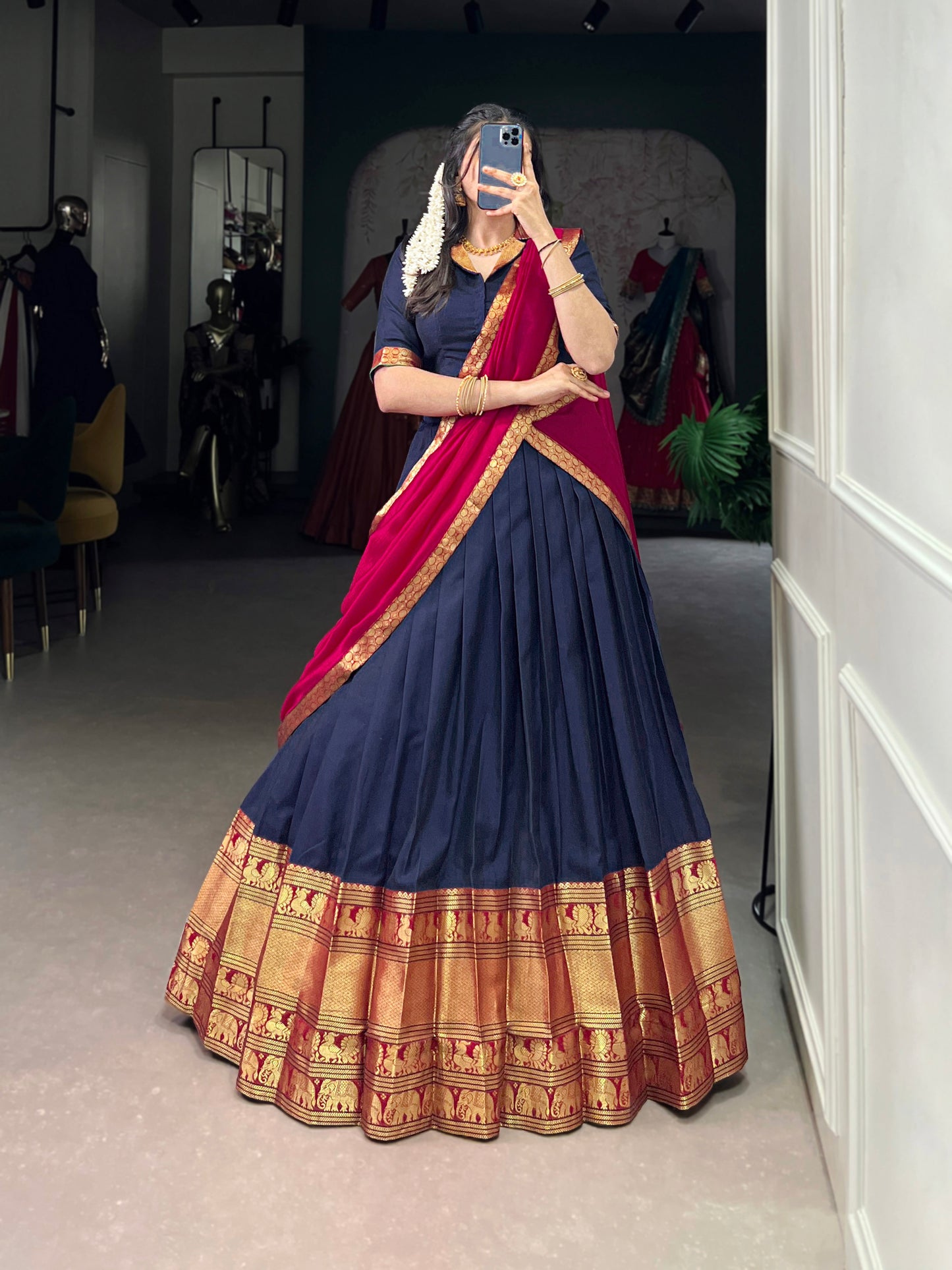 Navy Blue Color Zari Weaving Work Traditional Lehenga Choli