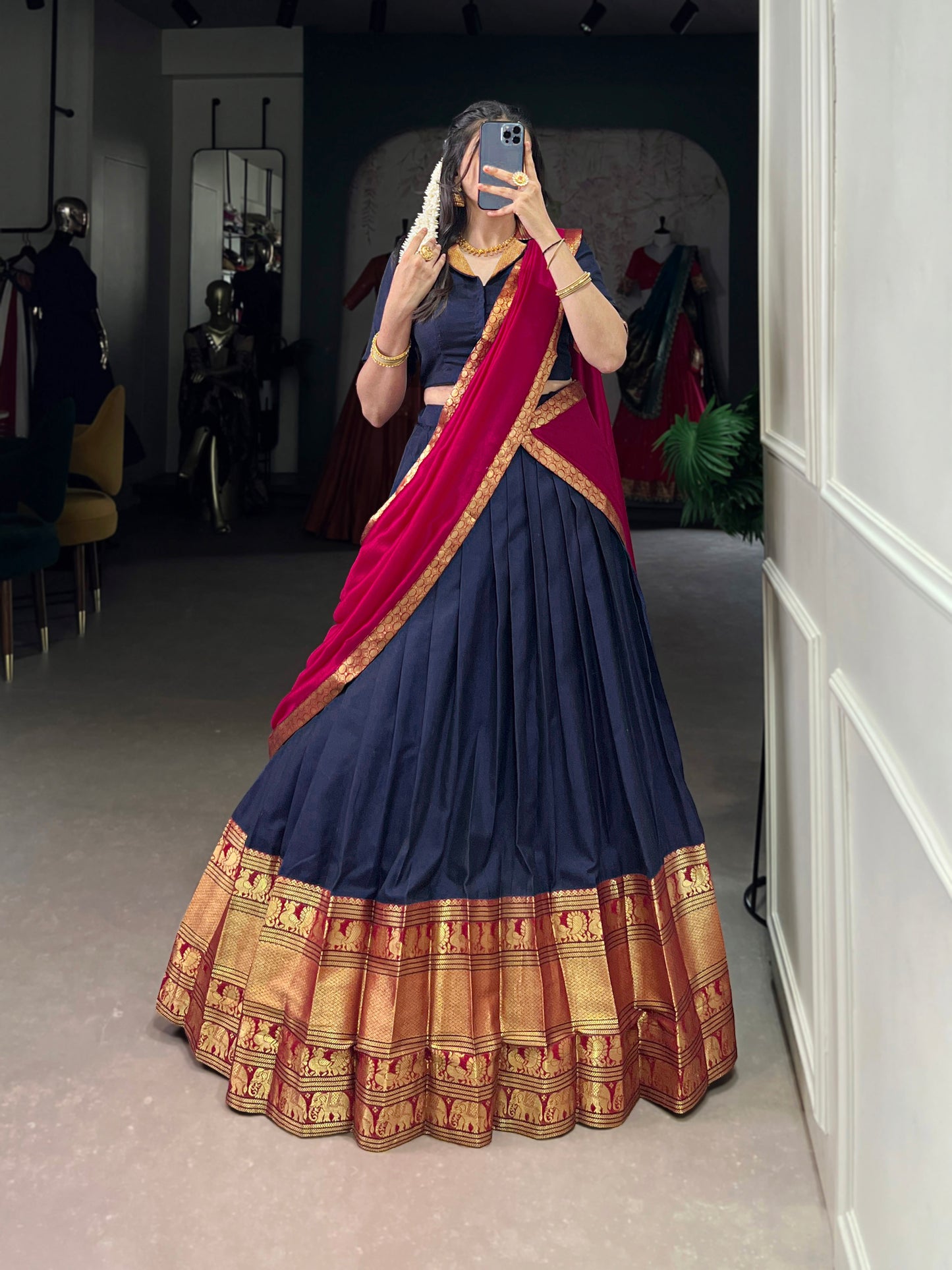 Navy Blue Color Zari Weaving Work Traditional Lehenga Choli