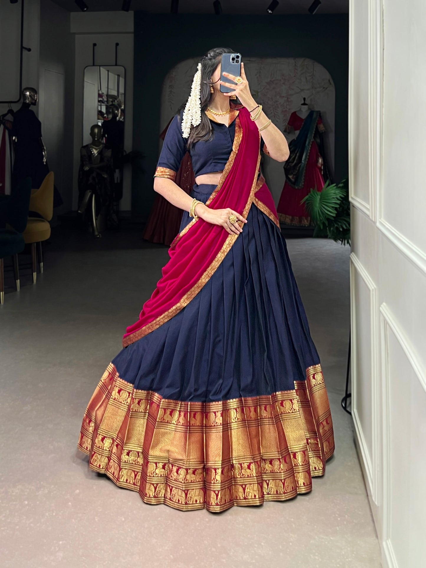 Navy Blue Color Zari Weaving Work Traditional Lehenga Choli