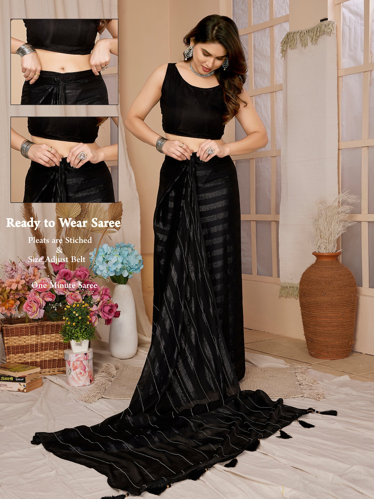 1-Minute Ready To Wear Georgette Designer Party wear Saree (Black)