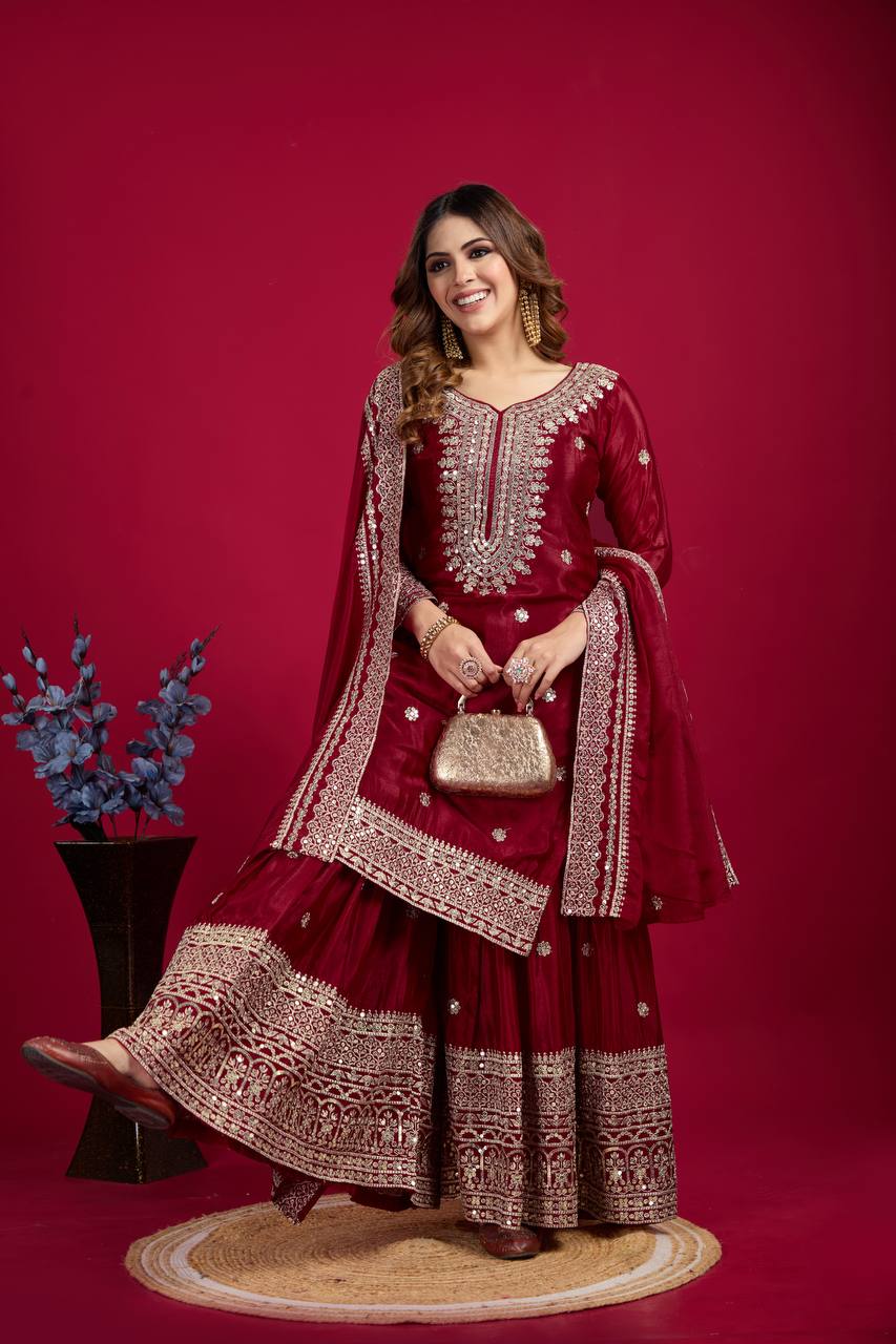 Amazing Maroon Color Heavy Chinnon Silk Party Wear Sharara Suit