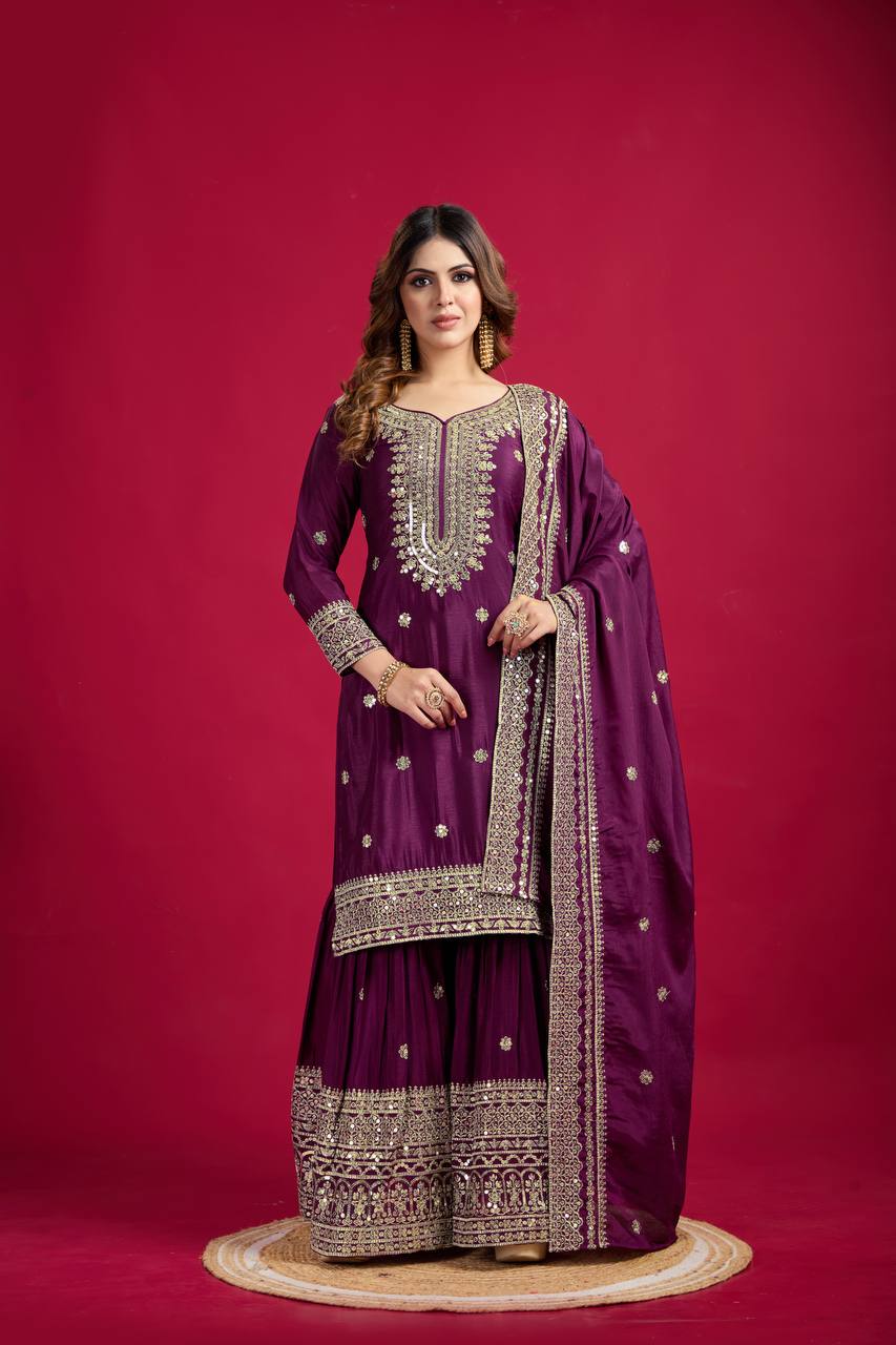 Amazing Purple Color Heavy Chinnon Silk Party Wear Sharara Suit