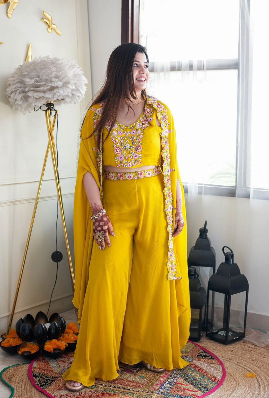 Stylish Yellow Color Chinon Palazzo Sharara Suit Set With Shrug Jacket