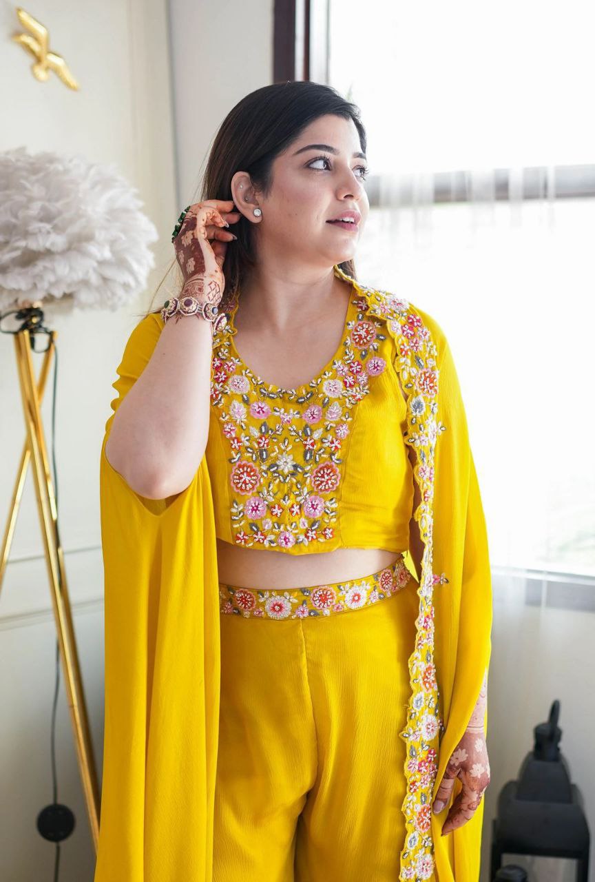 Stylish Yellow Color Chinon Palazzo Sharara Suit Set With Shrug Jacket
