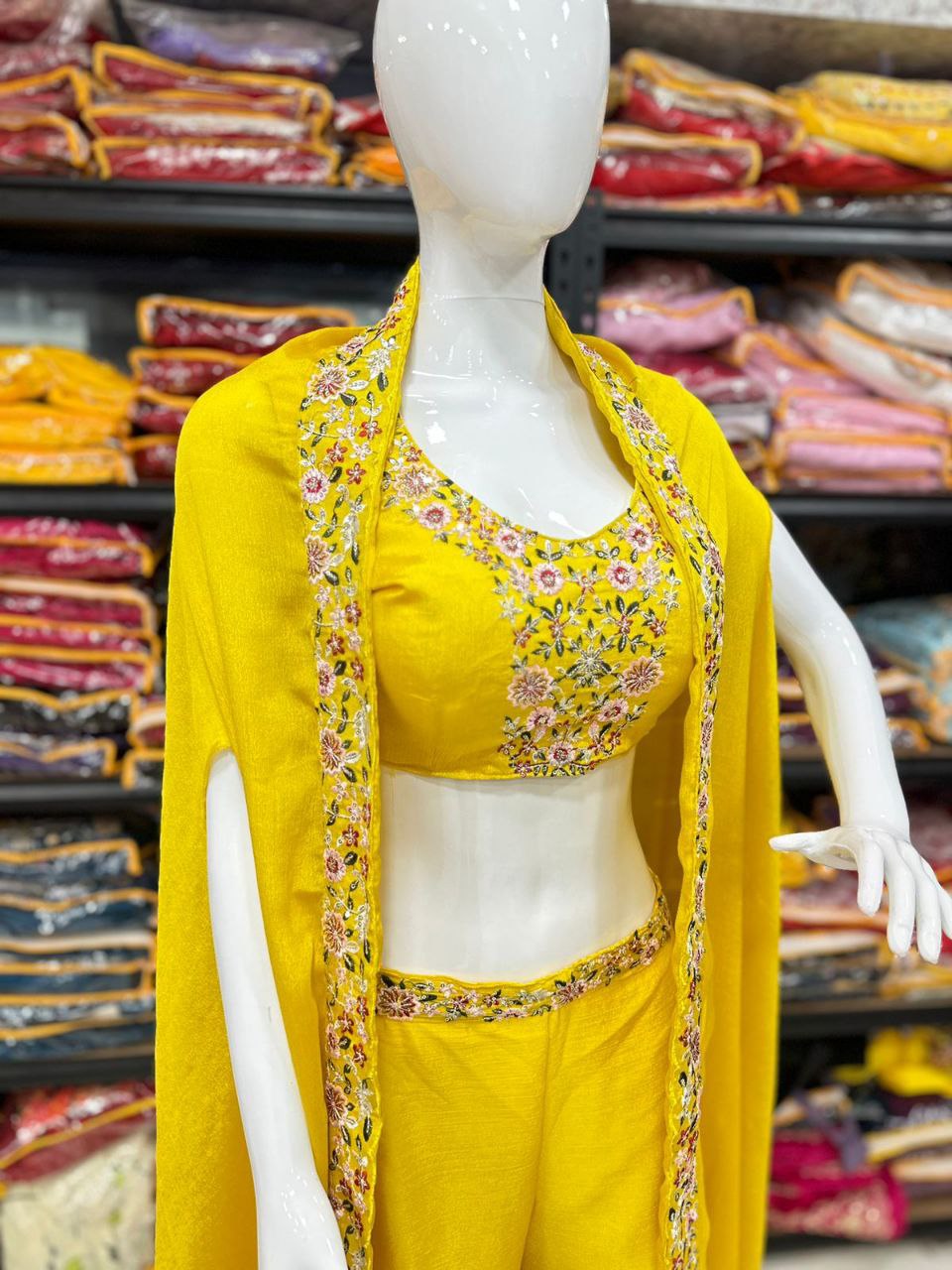 Stylish Yellow Color Chinon Palazzo Sharara Suit Set With Shrug Jacket