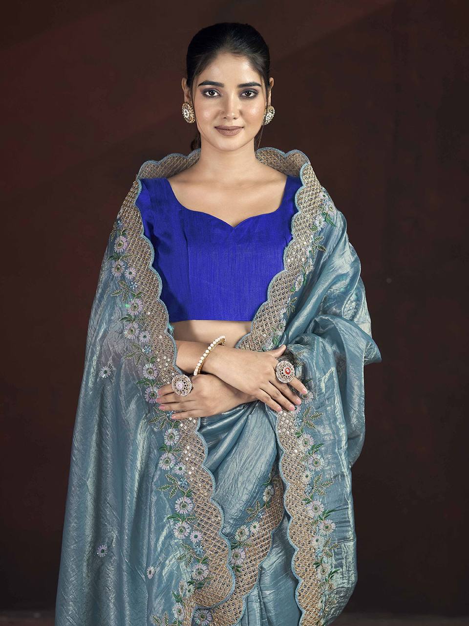 Gorgeous Sky blue Color Gold Crunchy Malti Thread Work Party Wear Saree