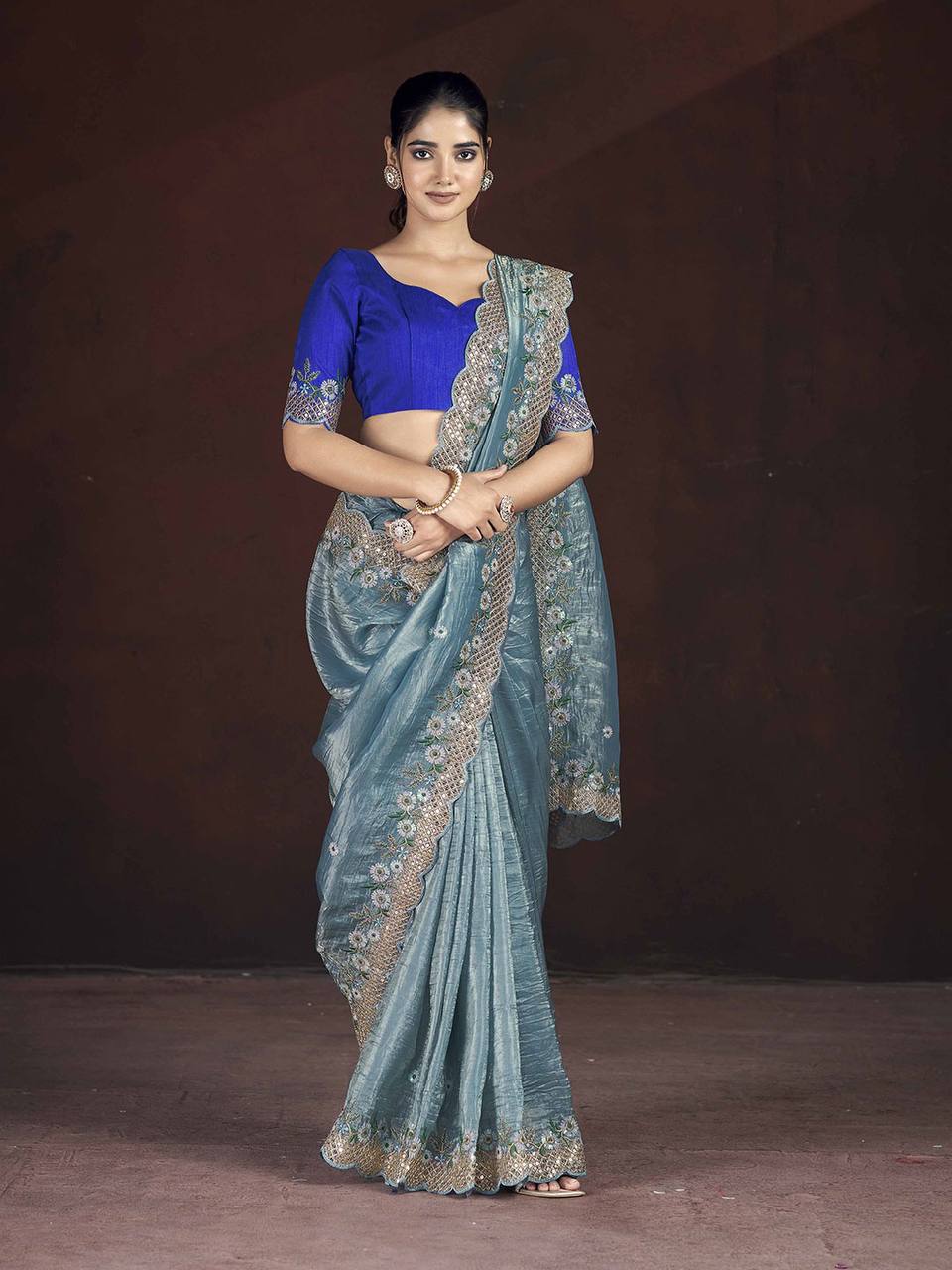 Gorgeous Sky blue Color Gold Crunchy Malti Thread Work Party Wear Saree