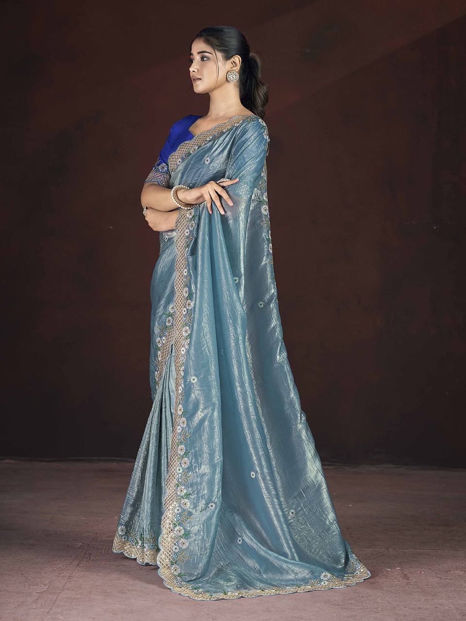Gorgeous Sky blue Color Gold Crunchy Malti Thread Work Party Wear Saree