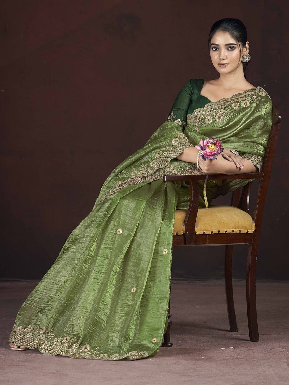 Gorgeous Green Color Gold Crunchy Malti Thread Work Party Wear Saree