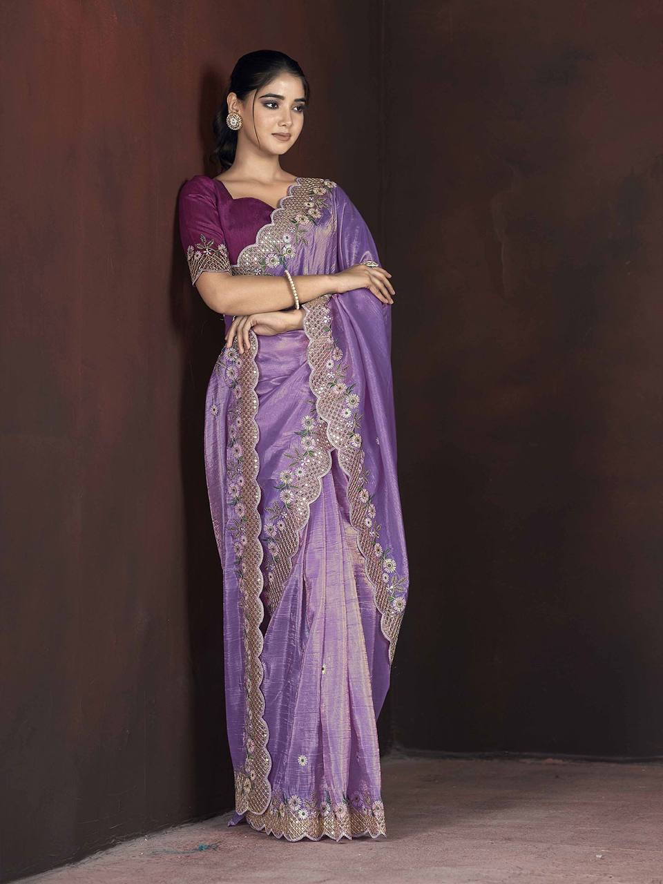 Gorgeous Lavender Color Gold Crunchy Malti Thread Work Party Wear Saree