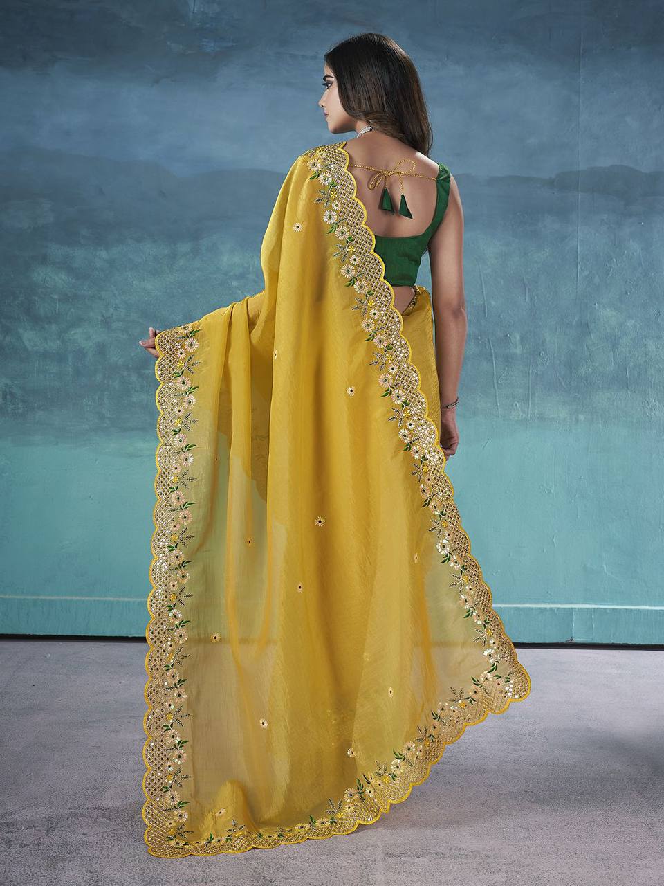 Gorgeous Yellow Color Gold Crunchy Malti Thread Work Party Wear Saree