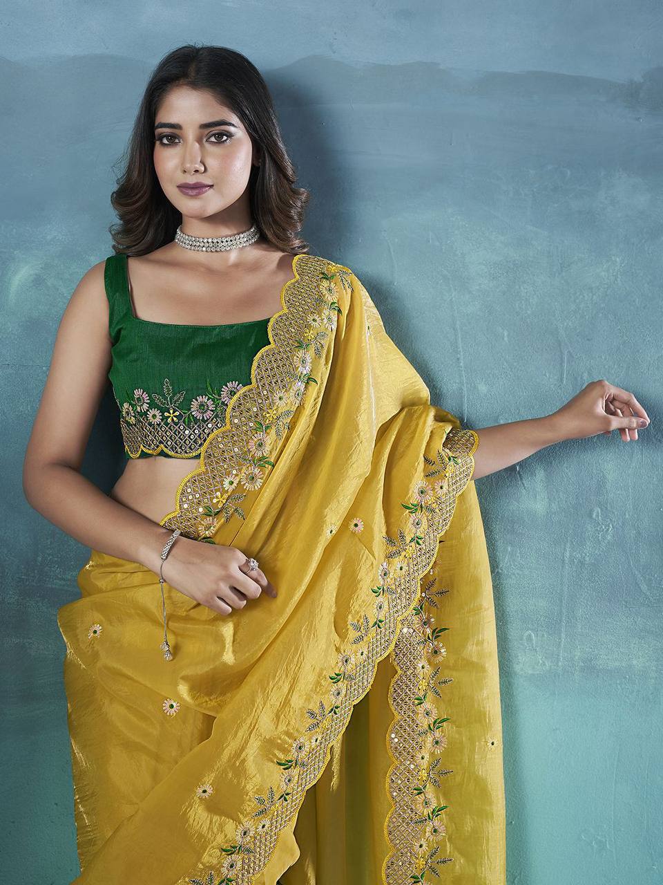 Gorgeous Yellow Color Gold Crunchy Malti Thread Work Party Wear Saree