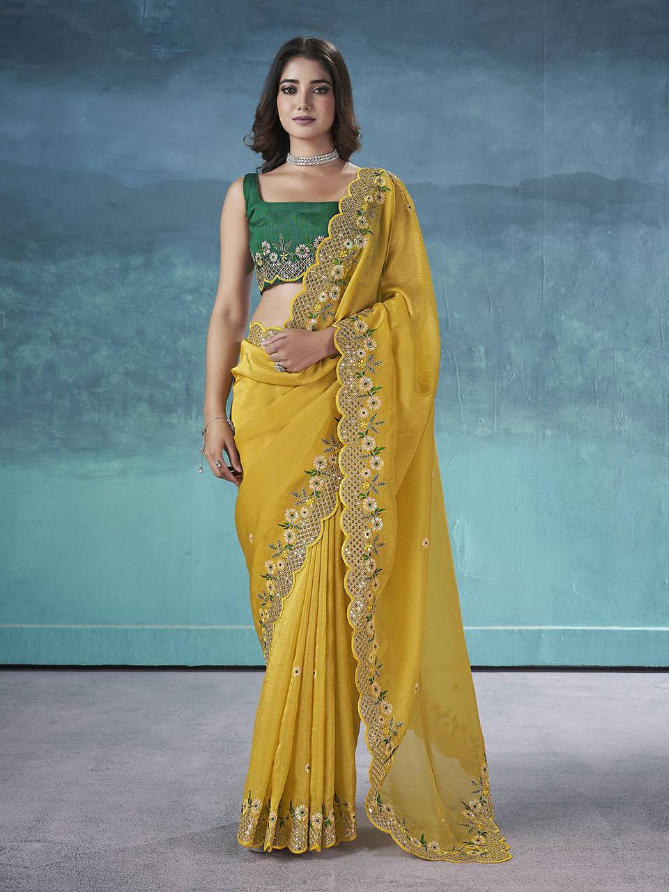 Gorgeous Yellow Color Gold Crunchy Malti Thread Work Party Wear Saree