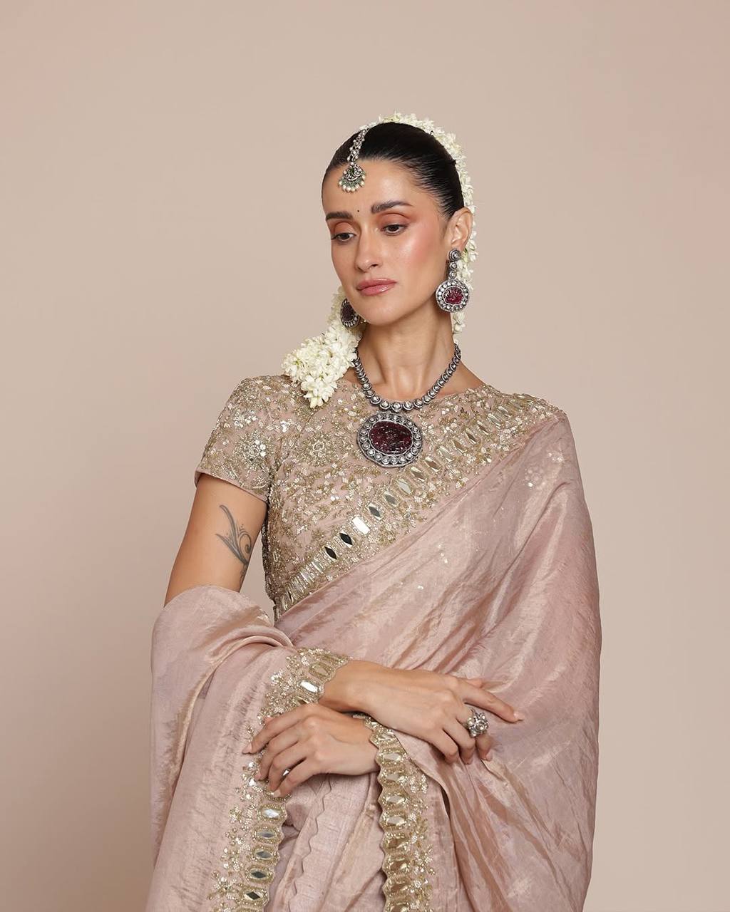 Cream Color Platinam Crush Silk With Embroidery and Real Mirror Party Wear Saree