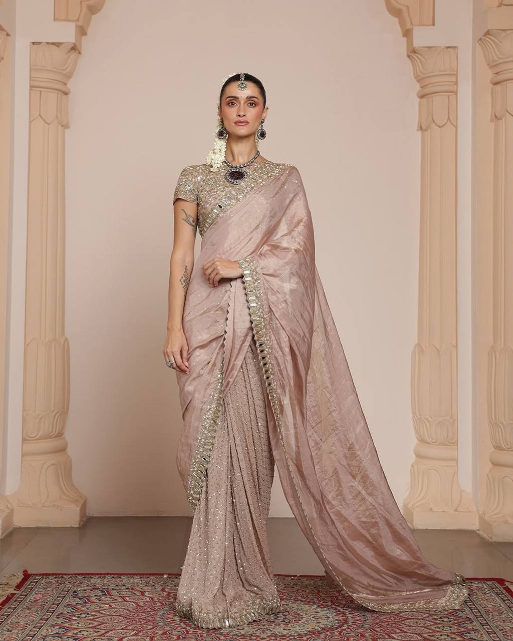 Cream Color Platinam Crush Silk With Embroidery and Real Mirror Party Wear Saree
