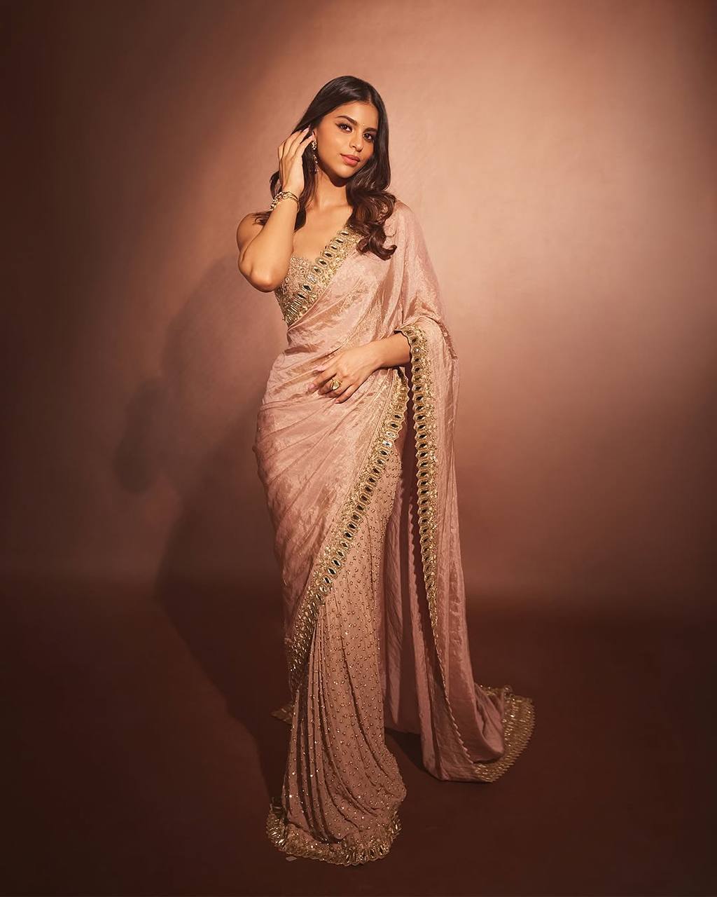 Suhana Khan Saree in Platinam Crush Silk With Embroidery and Real Mirror Bollywood Saree