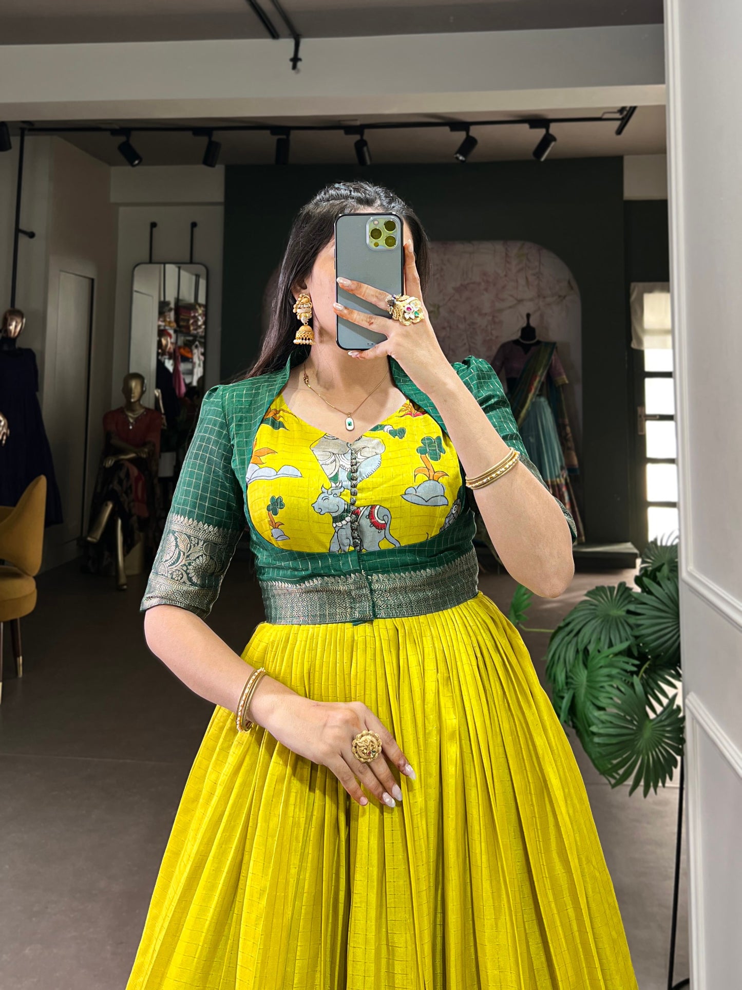 Yellow Kalamkari Dola Silk Gown with Zari Koti - Vastraan