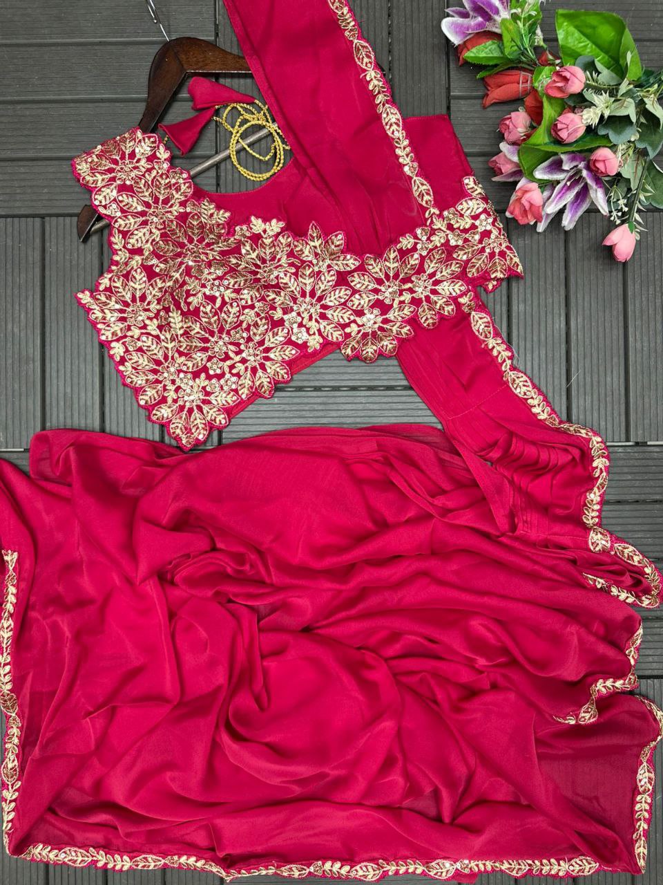 Pink Color Heavy Rangoli Ready to wear Saree