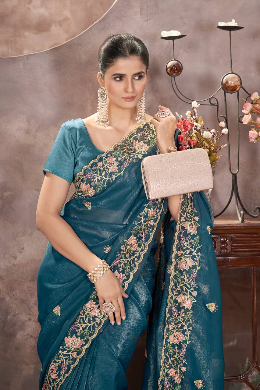 Teal Color Gold Crunchy Multi Colour Embroidery Work Party Saree