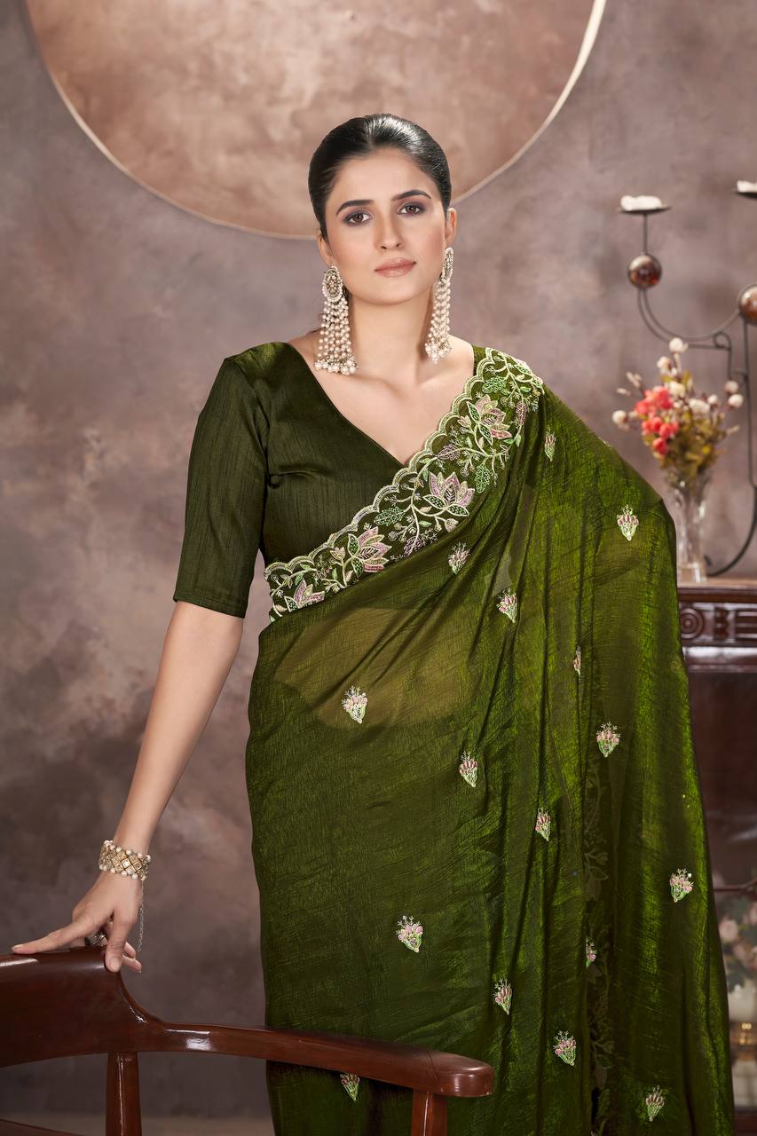 Green Color Gold Crunchy Multi Colour Embroidery Work Party Saree