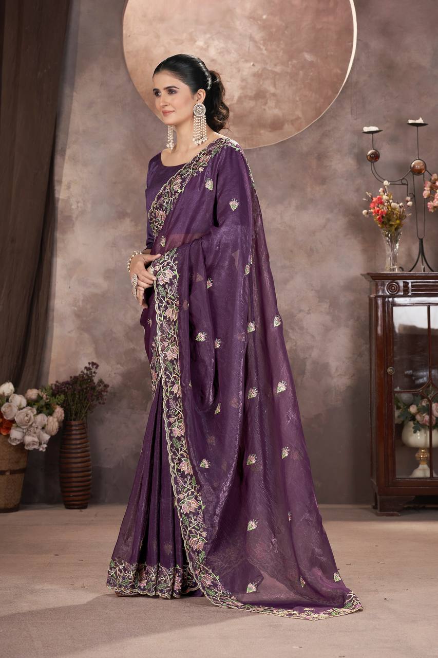 Purple Color Gold Crunchy Multi Colour Embroidery Work Party Saree