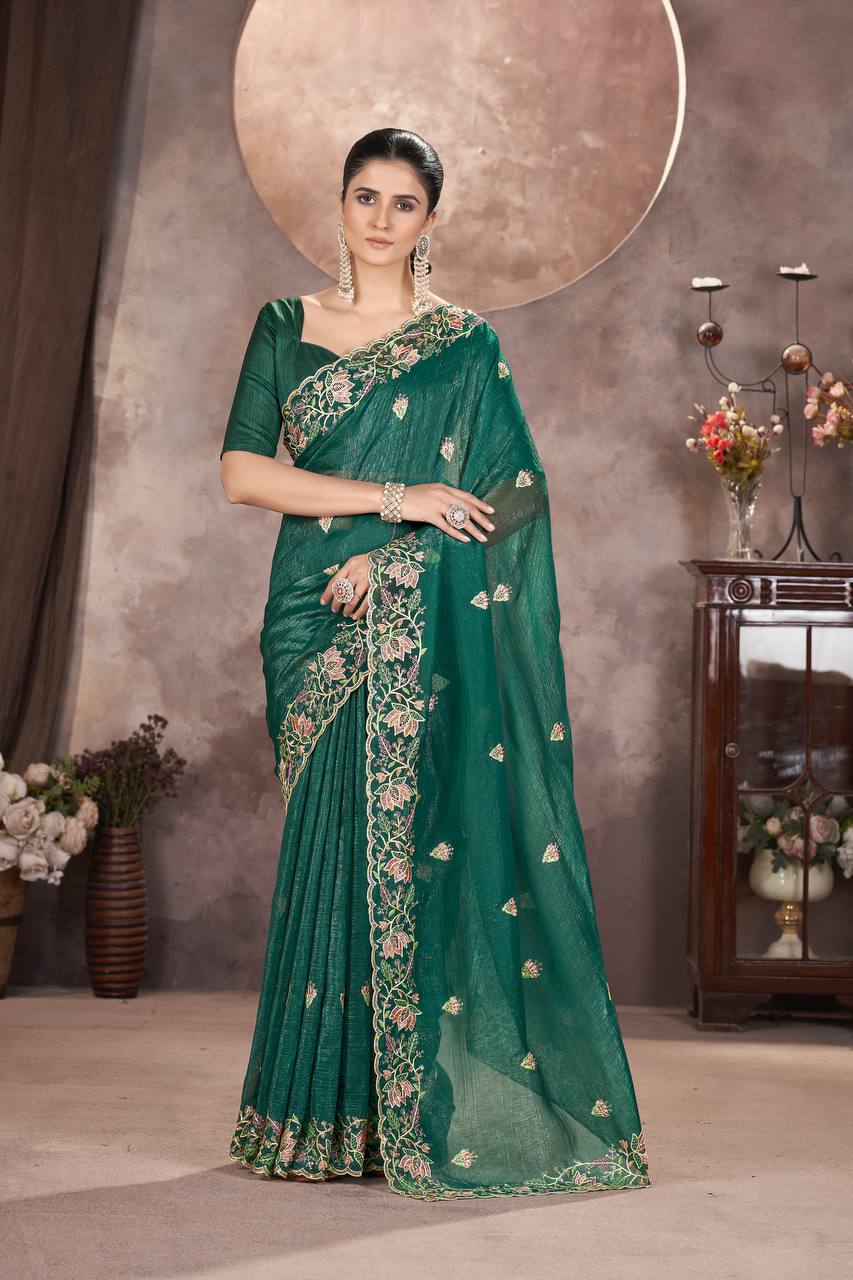 Teal Green Color Gold Crunchy Multi Colour Embroidery Work Party Saree