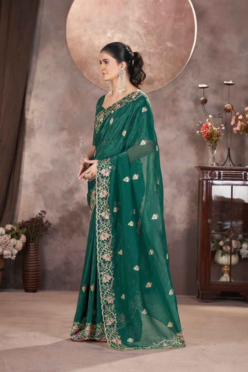 Teal Green Color Gold Crunchy Multi Colour Embroidery Work Party Saree