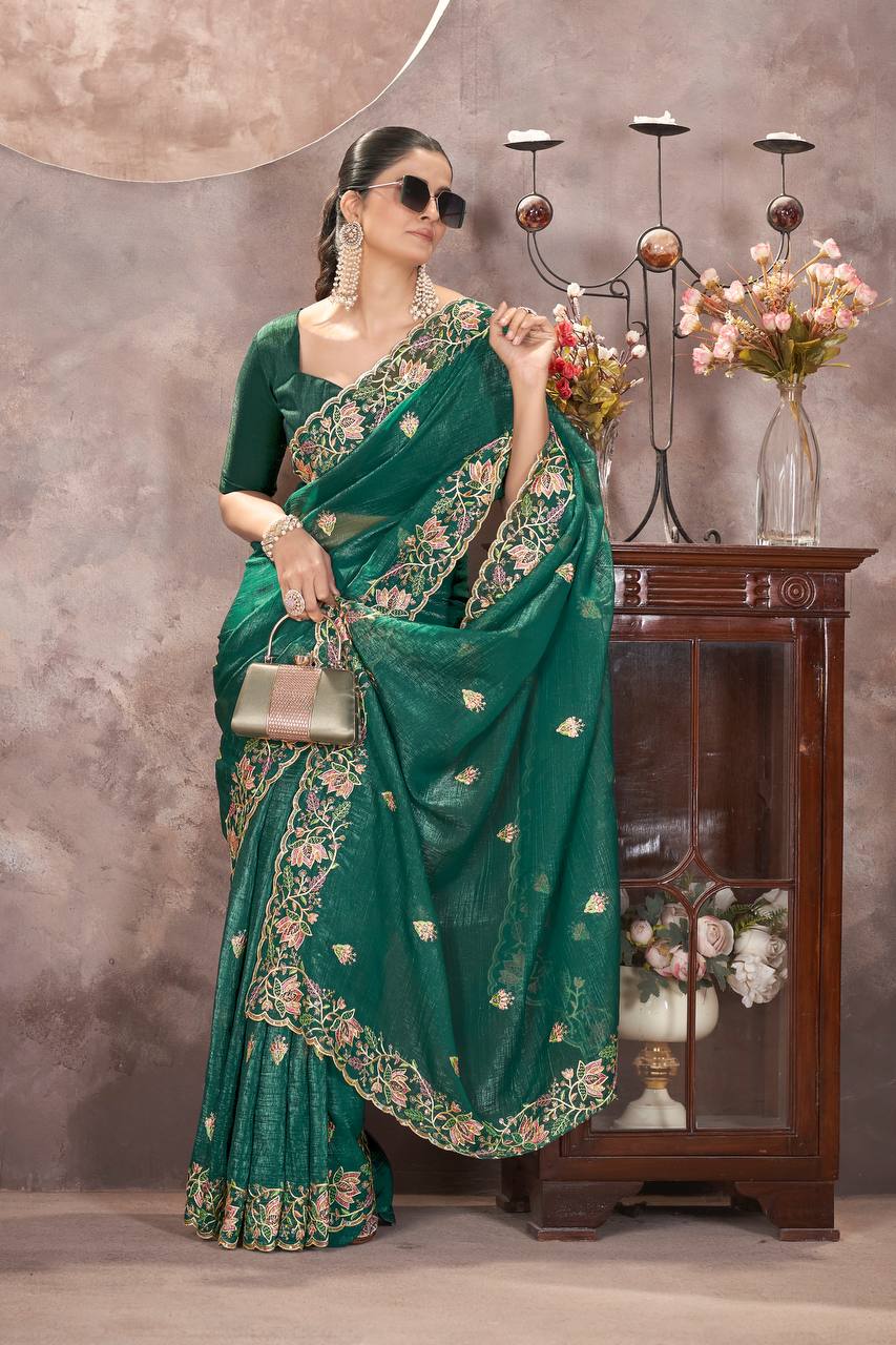 Teal Green Color Gold Crunchy Multi Colour Embroidery Work Party Saree