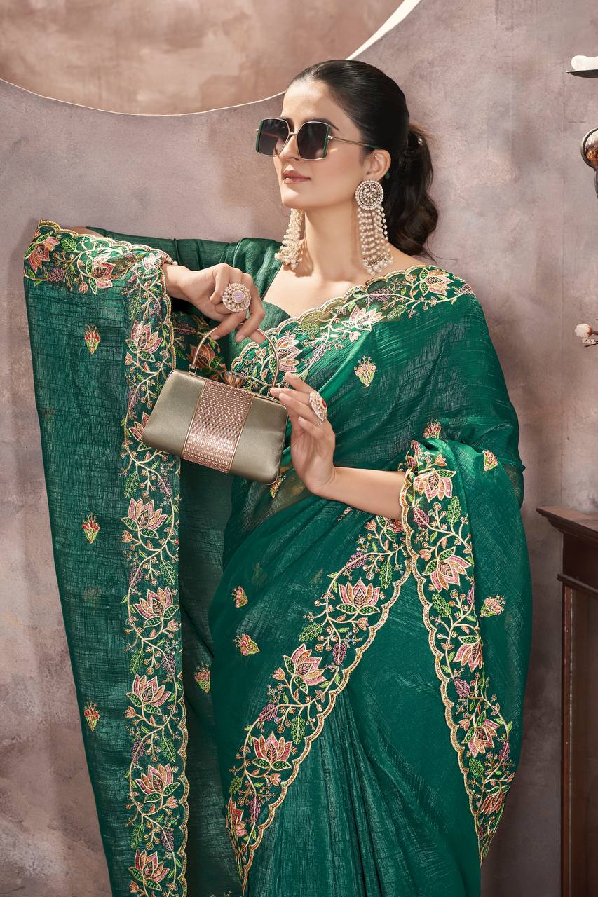 Teal Green Color Gold Crunchy Multi Colour Embroidery Work Party Saree
