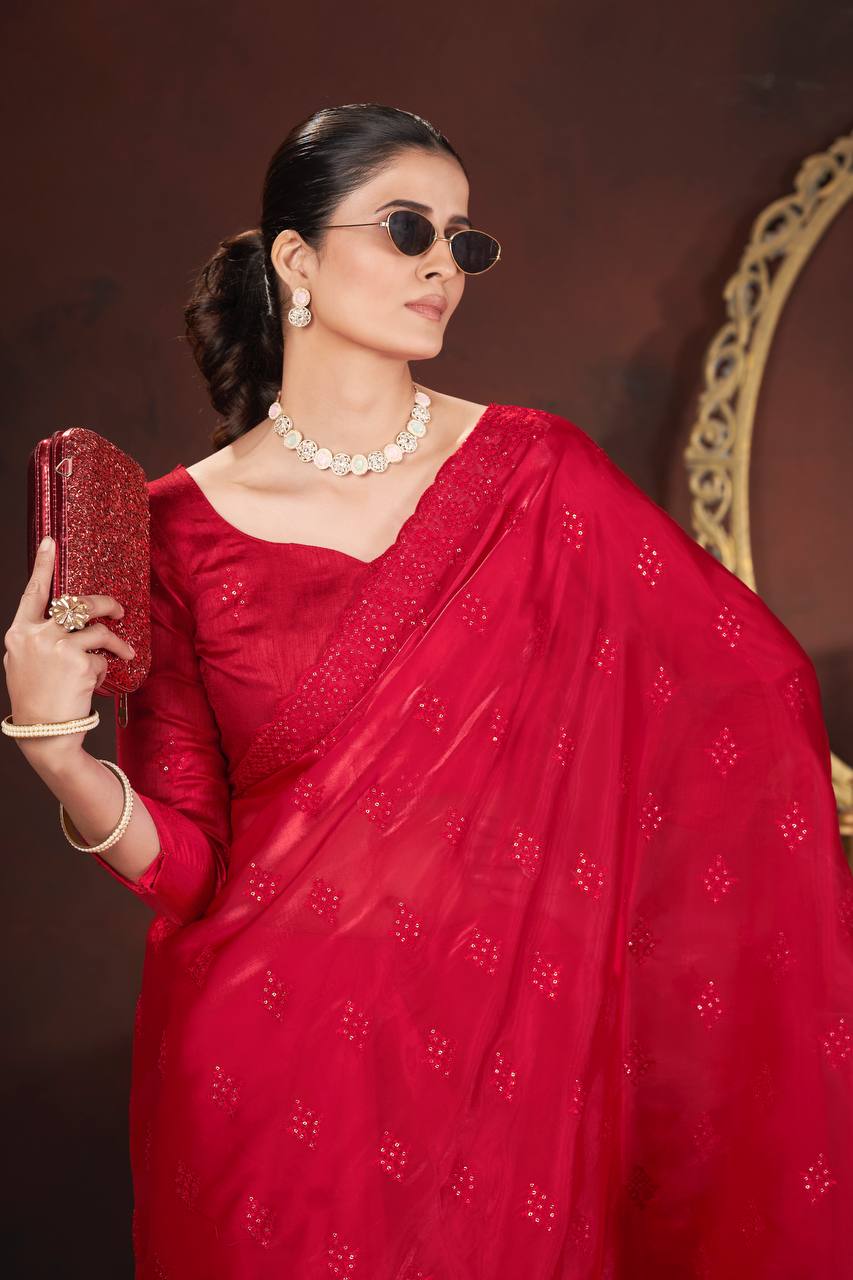Red Color Geemichu Silk Party Saree
