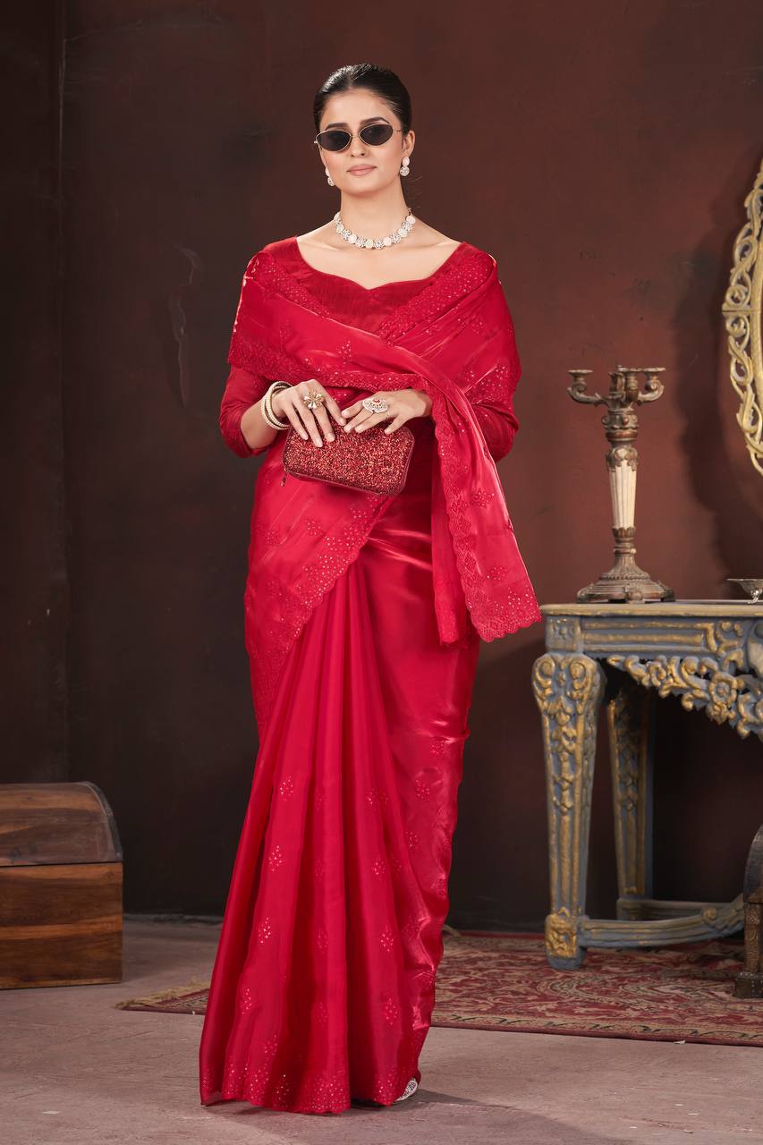Red Color Geemichu Silk Party Saree