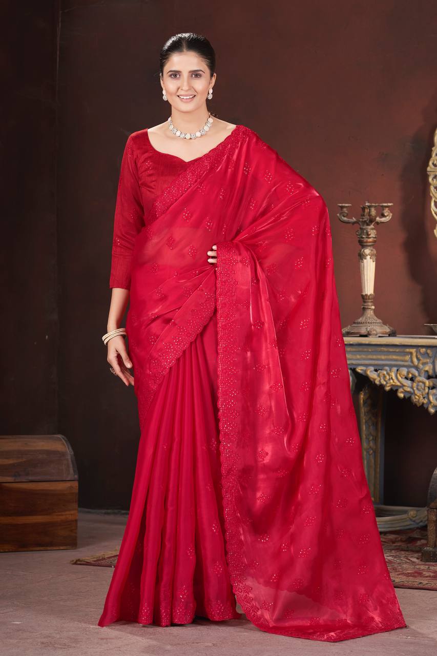 Red Color Geemichu Silk Party Saree