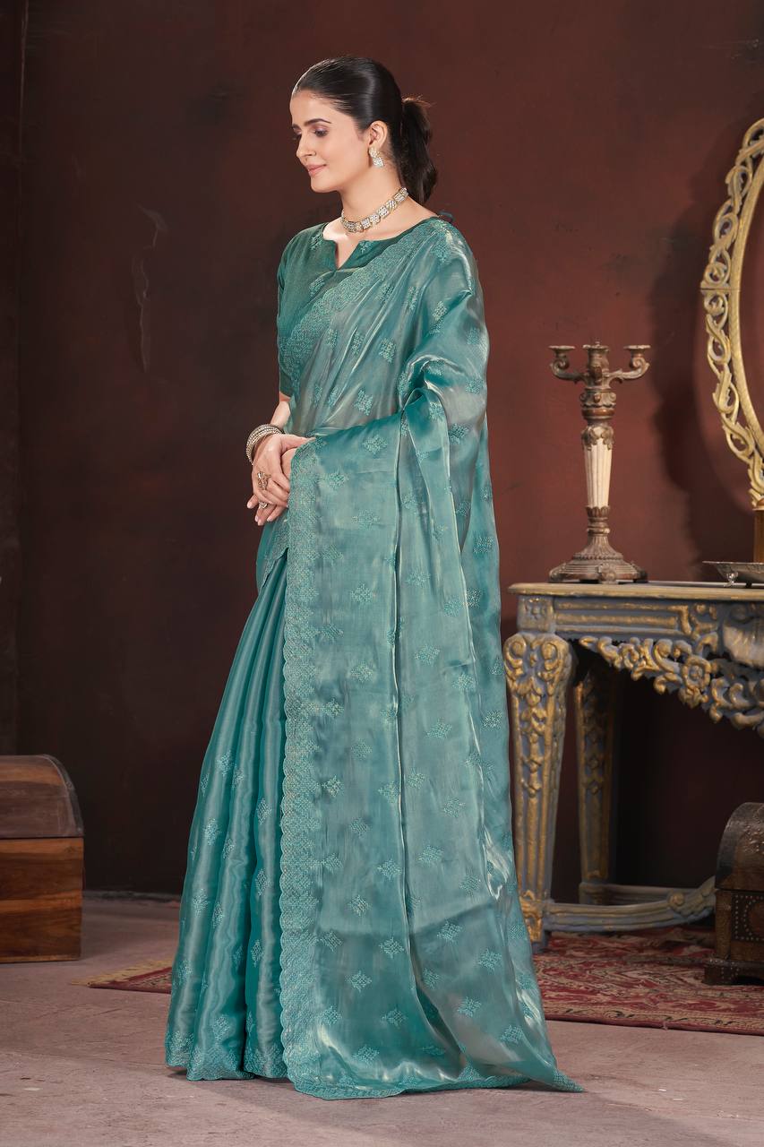 Aqua Blue Color Geemichu Silk Party Saree