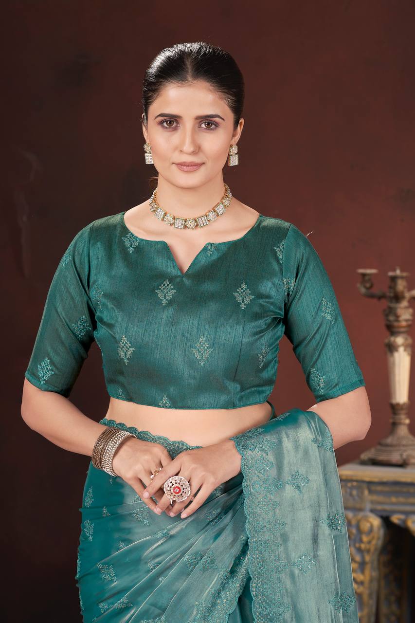 Aqua Blue Color Geemichu Silk Party Saree