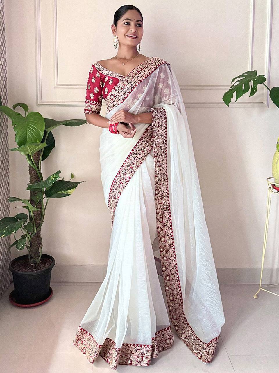 Beautiful White Color Banarasi Crush Saree
