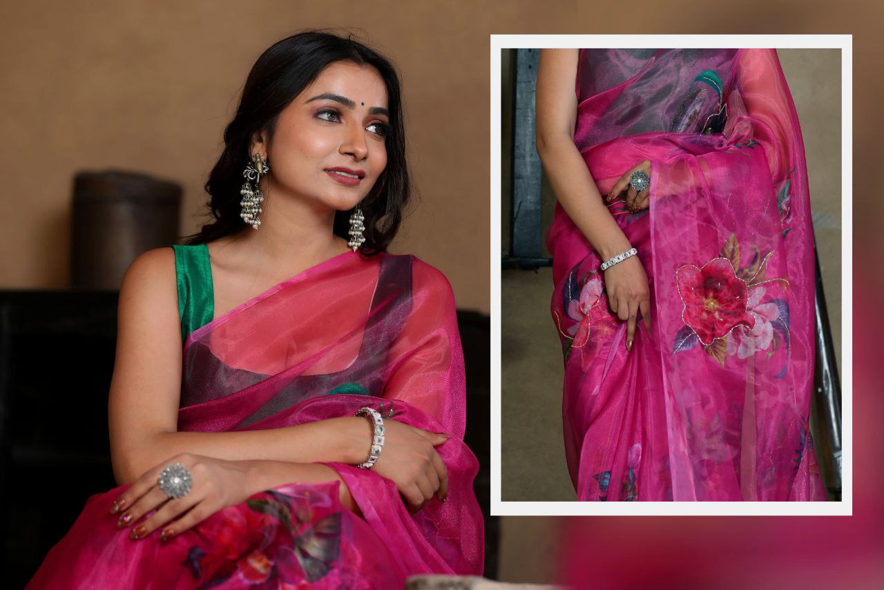 Pink Color Soft Pure Organza Party Wear Saree