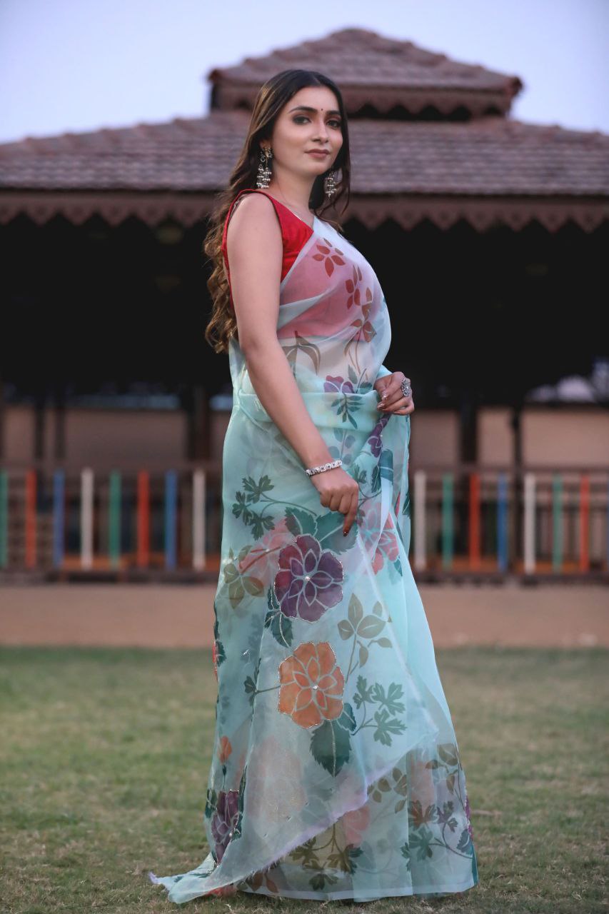 Sky blue Color Soft Pure Organza Party Wear Saree