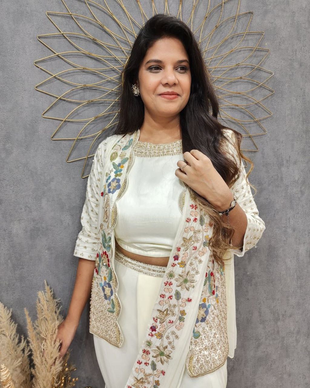 Trending White Color Chinnon Sharara Suit With Jacket And Blouse